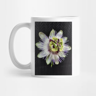 passion flower intricate shape and design on a black background Mug